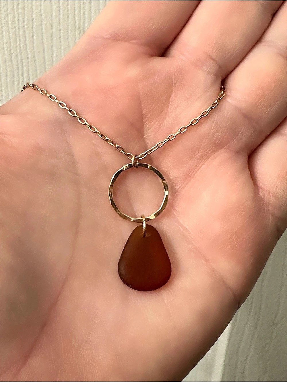 14k Gold-Filled Necklace Genuine Amber Seaglass Hammered Hoop Hawaii 19” NWOT
